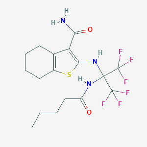 molecular formula C17H21F6N3O2S B395877 2-{[2,2,2-Trifluoro-1-(pentanoylamino)-1-(trifluoromethyl)ethyl]amino}-4,5,6,7-tetrahydro-1-benzothiophene-3-carboxamide CAS No. 309730-85-6
