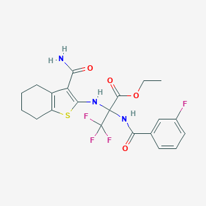 molecular formula C21H21F4N3O4S B395878 Ethyl 2-[(3-carbamoyl-4,5,6,7-tetrahydro-1-benzothiophen-2-yl)amino]-3,3,3-trifluoro-2-[(3-fluorobenzoyl)amino]propanoate CAS No. 309730-86-7