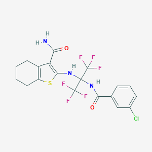 molecular formula C19H16ClF6N3O2S B395879 2-{[1-[(3-Chlorobenzoyl)amino]-2,2,2-trifluoro-1-(trifluoromethyl)ethyl]amino}-4,5,6,7-tetrahydro-1-benzothiophene-3-carboxamide CAS No. 309731-52-0