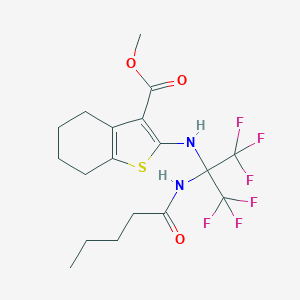 molecular formula C18H22F6N2O3S B395881 Methyl 2-{[2,2,2-trifluoro-1-(pentanoylamino)-1-(trifluoromethyl)ethyl]amino}-4,5,6,7-tetrahydro-1-benzothiophene-3-carboxylate CAS No. 309731-51-9
