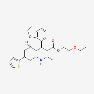 molecular formula C27H31NO5S B3958827 2-Ethoxyethyl 4-(2-ethoxyphenyl)-2-methyl-5-oxo-7-(thiophen-2-yl)-1,4,5,6,7,8-hexahydroquinoline-3-carboxylate 