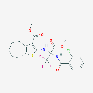 molecular formula C23H24ClF3N2O5S B395883 methyl 2-{[1-[(2-chlorobenzoyl)amino]-1-(ethoxycarbonyl)-2,2,2-trifluoroethyl]amino}-5,6,7,8-tetrahydro-4H-cyclohepta[b]thiophene-3-carboxylate 