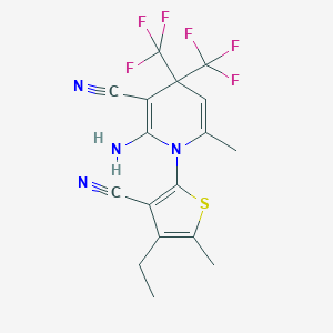 molecular formula C17H14F6N4S B395890 2-Amino-1-(3-cyano-4-ethyl-5-methylthiophen-2-yl)-6-methyl-4,4-bis(trifluoromethyl)pyridine-3-carbonitrile CAS No. 299922-57-9