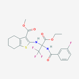 molecular formula C22H22F4N2O5S B395893 Methyl 2-({1-(ethoxycarbonyl)-2,2,2-trifluoro-1-[(3-fluorobenzoyl)amino]ethyl}amino)-4,5,6,7-tetrahydro-1-benzothiophene-3-carboxylate 