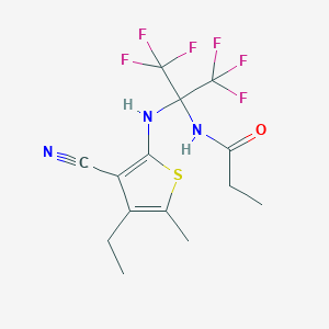 molecular formula C14H15F6N3OS B395899 N-[2-[(3-cyano-4-ethyl-5-methylthiophen-2-yl)amino]-1,1,1,3,3,3-hexafluoropropan-2-yl]propanamide CAS No. 299922-87-5