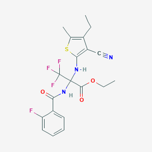 molecular formula C20H19F4N3O3S B395900 Ethyl 2-[(3-cyano-4-ethyl-5-methyl-2-thienyl)amino]-3,3,3-trifluoro-2-[(2-fluorobenzoyl)amino]propanoate 