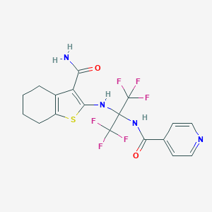 molecular formula C18H16F6N4O2S B395901 N-[2-[(3-carbamoyl-4,5,6,7-tetrahydro-1-benzothiophen-2-yl)amino]-1,1,1,3,3,3-hexafluoropropan-2-yl]pyridine-4-carboxamide CAS No. 299922-92-2