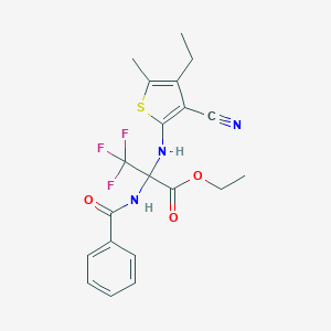 molecular formula C20H20F3N3O3S B395902 Ethyl 2-benzamido-2-[(3-cyano-4-ethyl-5-methylthiophen-2-yl)amino]-3,3,3-trifluoropropanoate CAS No. 352317-35-2