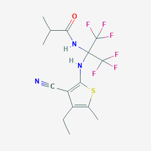 molecular formula C15H17F6N3OS B395903 N-[2-[(3-cyano-4-ethyl-5-methylthiophen-2-yl)amino]-1,1,1,3,3,3-hexafluoropropan-2-yl]-2-methylpropanamide CAS No. 299922-95-5
