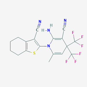 molecular formula C18H14F6N4S B395904 2-Amino-1-(3-cyano-4,5,6,7-tetrahydro-1-benzothien-2-yl)-6-methyl-4,4-bis(trifluoromethyl)-1,4-dihydro-3-pyridinecarbonitrile 