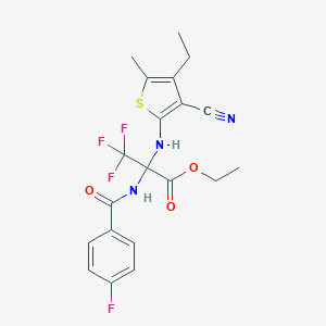 molecular formula C20H19F4N3O3S B395905 Ethyl 2-[(3-cyano-4-ethyl-5-methylthiophen-2-yl)amino]-3,3,3-trifluoro-2-[(4-fluorobenzoyl)amino]propanoate CAS No. 352317-40-9