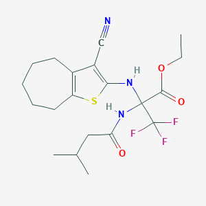 ethyl 2-[(3-cyano-5,6,7,8-tetrahydro-4H-cyclohepta[b]thiophen-2-yl)amino]-3,3,3-trifluoro-2-(3-methylbutanoylamino)propanoate