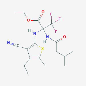 molecular formula C18H24F3N3O3S B395907 Ethyl 2-[(3-cyano-4-ethyl-5-methylthiophen-2-yl)amino]-3,3,3-trifluoro-2-(3-methylbutanoylamino)propanoate CAS No. 352317-39-6