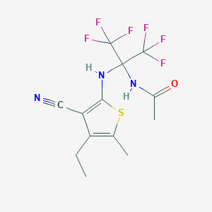 molecular formula C13H13F6N3OS B395913 N-[1-[(3-Cyano-4-ethyl-5-methyl-2-thienyl)amino]-2,2,2-trifluoro-1-(trifluoromethyl)ethyl]acetamide 