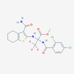 molecular formula C20H18Cl2F3N3O4S B395914 Methyl 2-[(3-carbamoyl-4,5,6,7-tetrahydro-1-benzothiophen-2-yl)amino]-2-[(2,4-dichlorobenzoyl)amino]-3,3,3-trifluoropropanoate CAS No. 352317-50-1