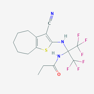 molecular formula C16H17F6N3OS B395917 N-[2-[(3-cyano-5,6,7,8-tetrahydro-4H-cyclohepta[b]thiophen-2-yl)amino]-1,1,1,3,3,3-hexafluoropropan-2-yl]propanamide CAS No. 352317-30-7