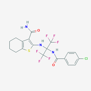 molecular formula C19H16ClF6N3O2S B395919 2-{[1-[(4-Chlorobenzoyl)amino]-2,2,2-trifluoro-1-(trifluoromethyl)ethyl]amino}-4,5,6,7-tetrahydro-1-benzothiophene-3-carboxamide 