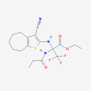 molecular formula C18H22F3N3O3S B395921 ethyl 2-[(3-cyano-5,6,7,8-tetrahydro-4H-cyclohepta[b]thiophen-2-yl)amino]-3,3,3-trifluoro-2-(propanoylamino)propanoate CAS No. 352317-67-0