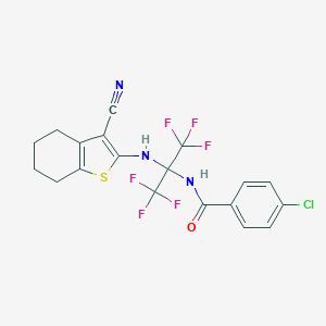 molecular formula C19H14ClF6N3OS B395923 4-chloro-N-(1-((3-cyano-4,5,6,7-tetrahydro-1-benzothien-2-yl)amino)-2,2,2-trifluoro-1-(trifluoromethyl)ethyl)benzamide 