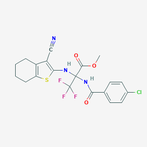 molecular formula C20H17ClF3N3O3S B395924 Methyl 2-[(4-chlorobenzoyl)amino]-2-[(3-cyano-4,5,6,7-tetrahydro-1-benzothiophen-2-yl)amino]-3,3,3-trifluoropropanoate CAS No. 352317-69-2