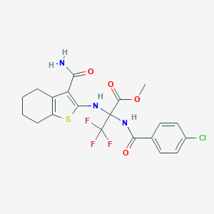 molecular formula C20H19ClF3N3O4S B395929 Methyl 2-[(3-carbamoyl-4,5,6,7-tetrahydro-1-benzothiophen-2-yl)amino]-2-[(4-chlorobenzoyl)amino]-3,3,3-trifluoropropanoate CAS No. 352317-71-6
