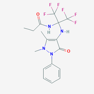 molecular formula C17H18F6N4O2 B395933 N-[1-[(1,5-dimethyl-3-oxo-2-phenyl-2,3-dihydro-1H-pyrazol-4-yl)amino]-2,2,2-trifluoro-1-(trifluoromethyl)ethyl]propanamide 