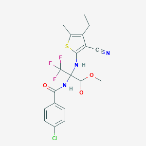 molecular formula C19H17ClF3N3O3S B395934 Methyl 2-[(4-chlorobenzoyl)amino]-2-[(3-cyano-4-ethyl-5-methyl-2-thienyl)amino]-3,3,3-trifluoropropanoate 