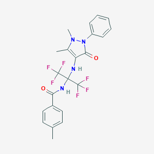 molecular formula C22H20F6N4O2 B395937 N-[1-[(1,5-dimethyl-3-oxo-2-phenyl-2,3-dihydro-1H-pyrazol-4-yl)amino]-2,2,2-trifluoro-1-(trifluoromethyl)ethyl]-4-methylbenzamide 