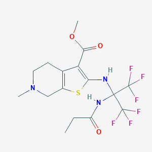 molecular formula C16H19F6N3O3S B395939 Methyl 6-methyl-2-{[2,2,2-trifluoro-1-(propionylamino)-1-(trifluoromethyl)ethyl]amino}-4,5,6,7-tetrahydrothieno[2,3-c]pyridine-3-carboxylate 