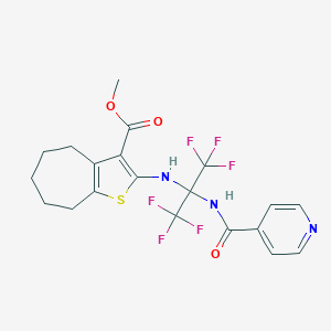 molecular formula C20H19F6N3O3S B395940 methyl 2-{[2,2,2-trifluoro-1-(isonicotinoylamino)-1-(trifluoromethyl)ethyl]amino}-5,6,7,8-tetrahydro-4H-cyclohepta[b]thiophene-3-carboxylate 