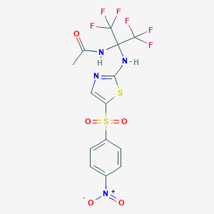 molecular formula C14H10F6N4O5S2 B396009 N-[2,2,2-trifluoro-1-{[5-({4-nitrophenyl}sulfonyl)-1,3-thiazol-2-yl]amino}-1-(trifluoromethyl)ethyl]acetamide 