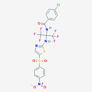 molecular formula C19H11ClF6N4O5S2 B396010 4-chloro-N-[2,2,2-trifluoro-1-{[5-({4-nitrophenyl}sulfonyl)-1,3-thiazol-2-yl]amino}-1-(trifluoromethyl)ethyl]benzamide 