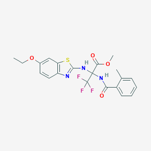 molecular formula C21H20F3N3O4S B396022 Methyl 2-[(6-ethoxy-1,3-benzothiazol-2-yl)amino]-3,3,3-trifluoro-2-[(2-methylbenzoyl)amino]propanoate 