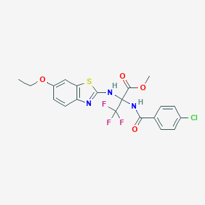 molecular formula C20H17ClF3N3O4S B396023 methyl N-[(4-chlorophenyl)carbonyl]-2-[(6-ethoxy-1,3-benzothiazol-2-yl)amino]-3,3,3-trifluoroalaninate 