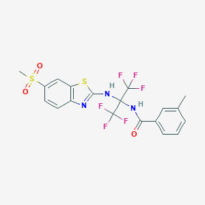 molecular formula C19H15F6N3O3S2 B396025 3-methyl-N-[2,2,2-trifluoro-1-{[6-(methylsulfonyl)-1,3-benzothiazol-2-yl]amino}-1-(trifluoromethyl)ethyl]benzamide 