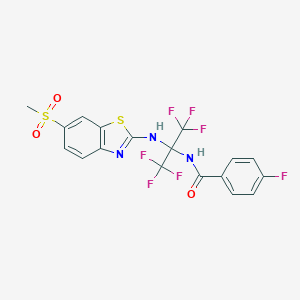 molecular formula C18H12F7N3O3S2 B396029 4-fluoro-N-[2,2,2-trifluoro-1-{[6-(methylsulfonyl)-1,3-benzothiazol-2-yl]amino}-1-(trifluoromethyl)ethyl]benzamide 