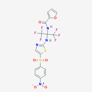 molecular formula C17H10F6N4O6S2 B396033 N-[1,1,1,3,3,3-hexafluoro-2-[[5-(4-nitrophenyl)sulfonyl-1,3-thiazol-2-yl]amino]propan-2-yl]furan-2-carboxamide CAS No. 489419-37-6