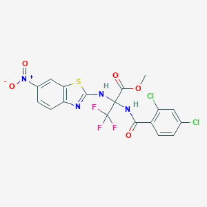 molecular formula C18H11Cl2F3N4O5S B396036 Methyl 2-[(2,4-dichlorobenzoyl)amino]-3,3,3-trifluoro-2-({6-nitro-1,3-benzothiazol-2-yl}amino)propanoate 