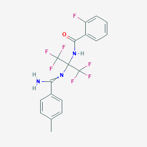 molecular formula C18H14F7N3O B396040 N-[1-{[amino(4-methylphenyl)methylene]amino}-2,2,2-trifluoro-1-(trifluoromethyl)ethyl]-2-fluorobenzamide 