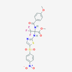 molecular formula C21H17F3N4O8S2 B396056 Methyl 3,3,3-trifluoro-2-{[5-({4-nitrophenyl}sulfonyl)-1,3-thiazol-2-yl]amino}-2-[(4-methoxybenzoyl)amino]propanoate 