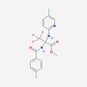 molecular formula C18H18F3N3O3 B396097 Methyl 3,3,3-trifluoro-2-[(4-methylbenzoyl)amino]-2-[(5-methyl-2-pyridinyl)amino]propanoate 
