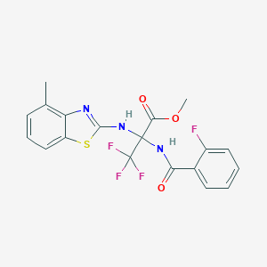 molecular formula C19H15F4N3O3S B396141 Methyl 3,3,3-trifluoro-2-[(2-fluorobenzoyl)amino]-2-[(4-methyl-1,3-benzothiazol-2-yl)amino]propanoate 