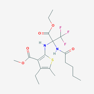 molecular formula C19H27F3N2O5S B396165 Methyl 2-{[1-(ethoxycarbonyl)-2,2,2-trifluoro-1-(pentanoylamino)ethyl]amino}-4-ethyl-5-methyl-3-thiophenecarboxylate 
