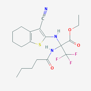 molecular formula C19H24F3N3O3S B396180 Ethyl 2-[(3-cyano-4,5,6,7-tetrahydro-1-benzothiophen-2-yl)amino]-3,3,3-trifluoro-2-(pentanoylamino)propanoate CAS No. 447430-41-3