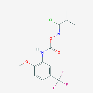 molecular formula C13H14ClF3N2O3 B396186 N-(((2-Methoxy-5-(trifluoromethyl)anilino)carbonyl)oxy)-2-methylpropanimidoyl chloride 