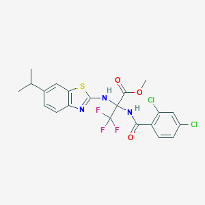 molecular formula C21H18Cl2F3N3O3S B396272 Methyl 2-[(2,4-dichlorobenzoyl)amino]-3,3,3-trifluoro-2-[(6-isopropyl-1,3-benzothiazol-2-yl)amino]propanoate 