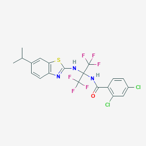 molecular formula C20H15Cl2F6N3OS B396276 2,4-dichloro-N-[2,2,2-trifluoro-1-[(6-isopropyl-1,3-benzothiazol-2-yl)amino]-1-(trifluoromethyl)ethyl]benzamide 