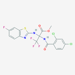 molecular formula C18H11Cl2F4N3O3S B396277 Methyl 2-[(2,4-dichlorobenzoyl)amino]-3,3,3-trifluoro-2-[(6-fluoro-1,3-benzothiazol-2-yl)amino]propanoate 