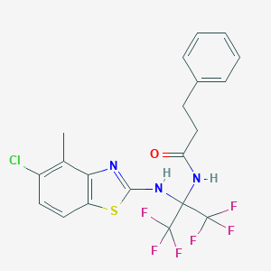 molecular formula C20H16ClF6N3OS B396282 N-[1-[(5-chloro-4-methyl-1,3-benzothiazol-2-yl)amino]-2,2,2-trifluoro-1-(trifluoromethyl)ethyl]-3-phenylpropanamide 
