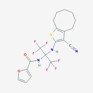 molecular formula C19H17F6N3O2S B396283 N-[2-[(3-cyano-4,5,6,7,8,9-hexahydrocycloocta[b]thiophen-2-yl)amino]-1,1,1,3,3,3-hexafluoropropan-2-yl]furan-2-carboxamide CAS No. 488103-03-3